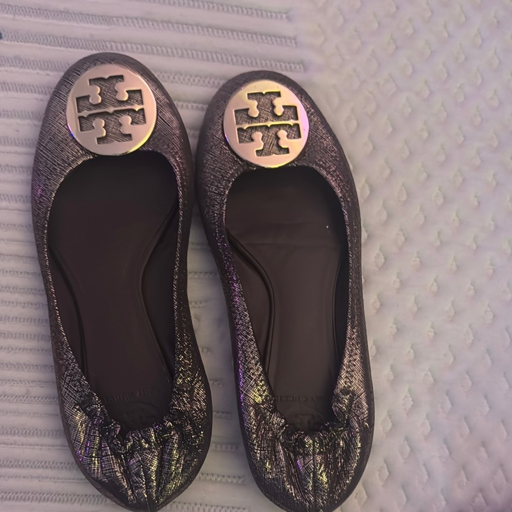 Tory Burch Silver Flats with Elegant Emblem